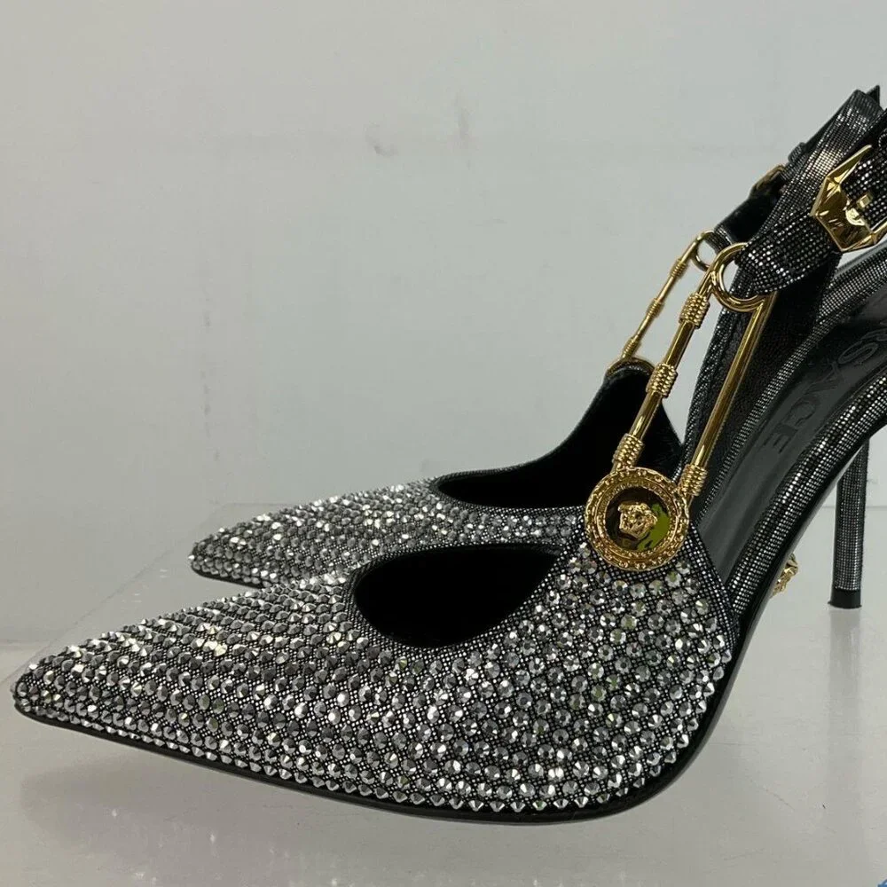 Versace Silver Gold Black Leather Bling Embellished Slingback Pumps 35.5 / US 5